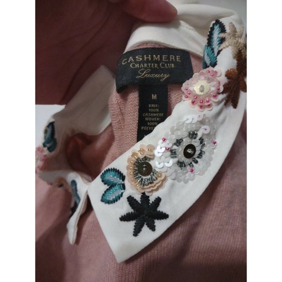 Charter Club Luxury Cashmere Sweater Pink Layered White Embellished Size M - Picture 3 of 5